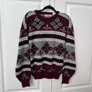 Vintage Club International Sweater Mens L Grandpa Gray Burgundy 90s Knit Cabin